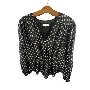 Joie Silk Blouse Size XL Black White Patterned Long Sleeve Ruffle Hem Elastic Wa